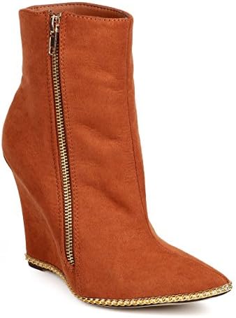Miss L DC52 Women Suede Pointy Toe Chain Single Sole Wedge Bootie - Tan (Size: 8.5)