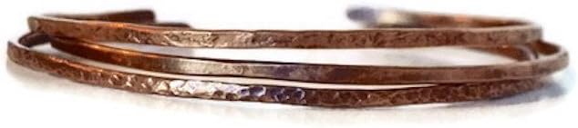 Set of Three Textured Copper Bangles, Open Super Skinny Cuff Bracelet