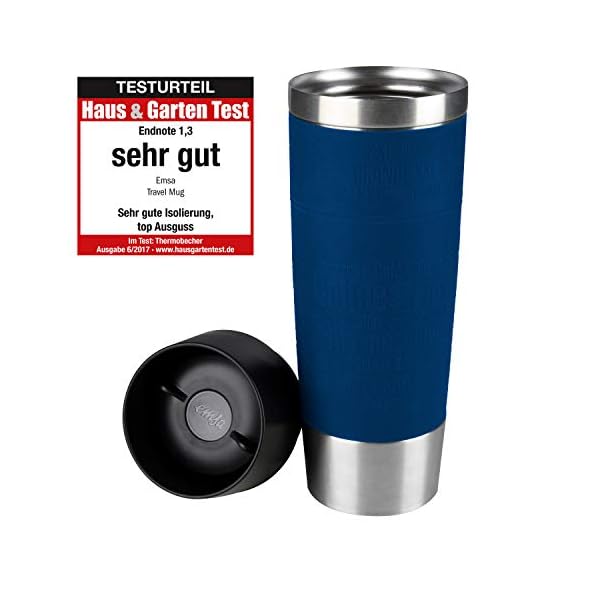 Emsa Travel Mug 500 ml Classic Grande, Thermobecher, Isolierbecher hÃ¤lt 6h heiÃ, 12h kalt, 100% dicht, auslaufsicher, Easy Quick-Press-Verschluss, 360Â°-TrinkÃ¶ffnung, blau, 515618 – Bild 3