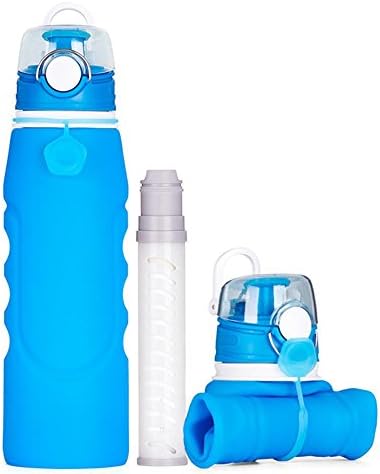ITRAZ 1000ml 35oz Silicone Eco-Friendly Portable Collapsible Foldable Water Bottle Water Filtration Straw Lightwight Food Grade BPA Free Leak Proof Bottle Travel Sports Outdoor Camping Hiking