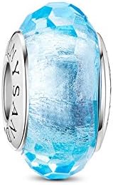 TINYSAND 925 Sterling Silver Czech Crystal Fascinating Facet Aquamarine Glass Charms Beads Spacers March Birthstone Solid Core Charm Fit All Bracelets