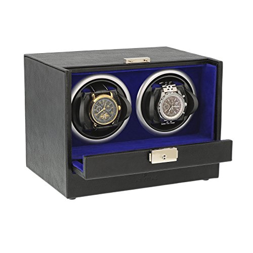 Black Genuine Leather Dual Watch Winder - Slide Away Door - Purple / Blue Velvet Lining by Aevitas