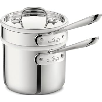 All-Clad 42025 Stainless Steel 3-Ply Bonded Dishwasher Safe Sauce Pan with Porcelain Double Boiler and Cookware Lid, 2-Quart, Silver - 8400000266