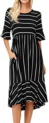 Women's Casual Summer Holiday Striped Knee Length Dress with Short Sleeves and Pockets (Large, Black)