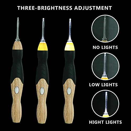 [Limited Edition] Yarn Mania Light up Crochet Hooks - 9 Interchangeable Lighted Crochet Hooks (2.5mm - 6.5mm) - Bonus Accessories and Case (Wood)