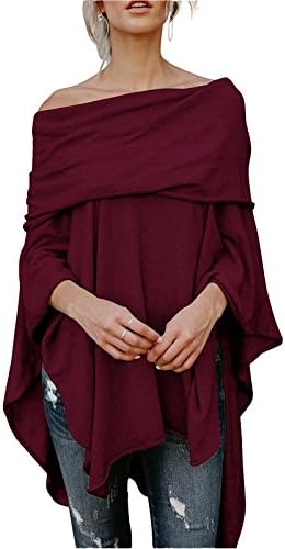 Womens Off Shoulder Irregular Hem Soft Knitted Poncho Sweater Pullovers