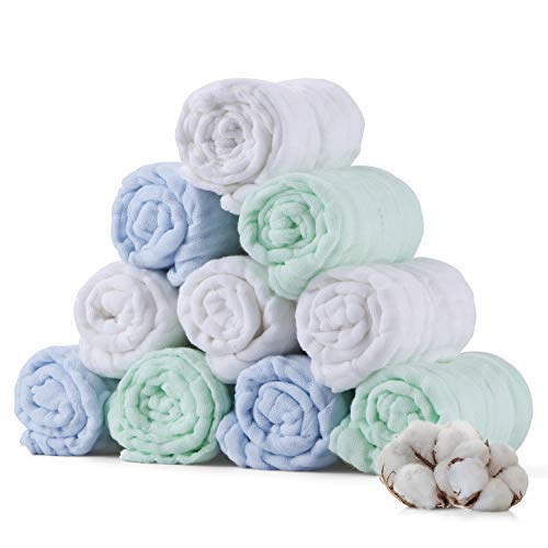 Baby Muslin Washcloths 10 Pack, 6 Layers Natural Muslin Cotton Baby Wipes, Newborn Baby Face Towel for Sensitive Skin, Baby Registry as Shower Gift Set, Extra Soft, Breathable, 12x12 inches (Blue-Gree