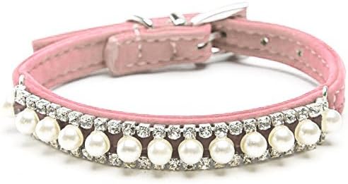 Macroyard Adjustable Soft Velvet Trendy Sparkly Rhinestone Cat Collar With Pearl for Puppy Kitten, Pink XS