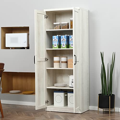 HOMCOM 63" Kitchen Pantry Cabinet with Shaker Doors, Modern Freestanding Tall Buffet Storage Cabinet with Adjustable Shelves, Distressed White