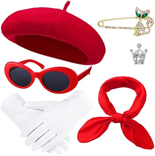 Beipegin 6 Piezas Disfraz Mimo Mujer, Disfraz de Francesa Tutu Negro Beret y Bufanda Roja de Mimo, Guantes Blancos, Calcetines hasta la Rodilla