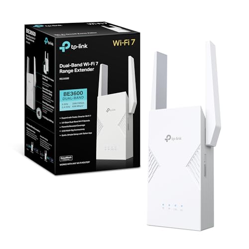 TP-Link WiFi 7 RE225BE Ripetitore WiFi Dual-Band BE3600Mbps, 1 Porta Gigabit, Potente per Casa, Compatibile con Tutti i Box Internet, 2 Antenne Esterne, 160 MHz, MLO, 4K-QAM, Multi-Rus