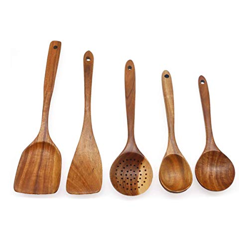 JOYIT Wooden Cooking Utensils (5 Pc Set) Smooth Teak Wooden Kitchen