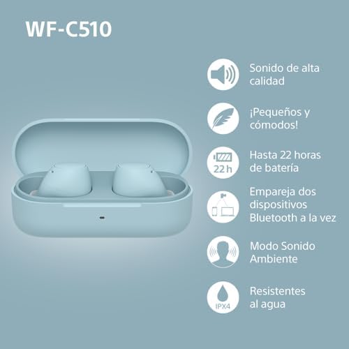 Auriculares Inalámbricos Bluetooth Sony WF-C510 pequeños, Ligeros, conexión multipunto, Modo Sonido Ambiente, Resistencia al Agua IPX4, Spotify Tap, Carga rápida, 22 H de batería, iOS y Android, Azul