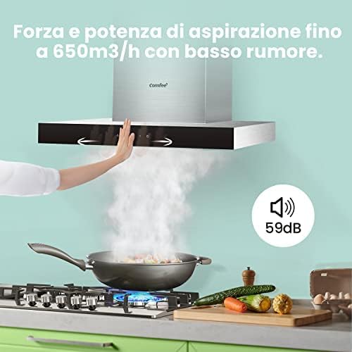 Cappa Aspirante 60 cm Classe A+++ TSHM77SS-60 650m³/h Acciaio Inossidabile Cappa Cucina con LED, Sistema di Ricircolo e Canalizzazione e Ciltri a Carbone