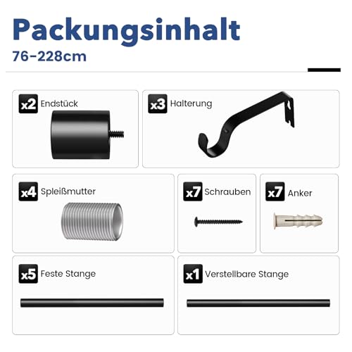 Curtain Pole Black 76-228 cm Extendable 19 mm Diameter for Bedroom, Living Room or Kitchen GEEBOBO