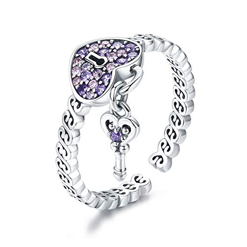 Genuine 925 Sterling Silver Love Heart Key Purple CZ Finger Rings for Women Wedding Engagement Jewellery