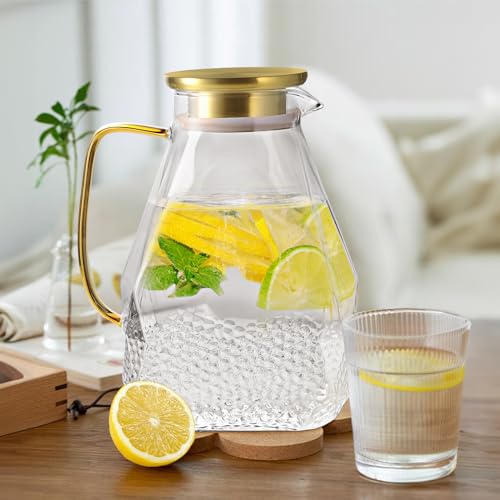 ecooe Glass Water Pitcher 1.8 Liter Glass Jug Fridge Door Glass Water Jug with Stainless Steel Lid, Transparent Glass Jug for Cold/Hot Water, Juice, Milk, Coffee, Tea