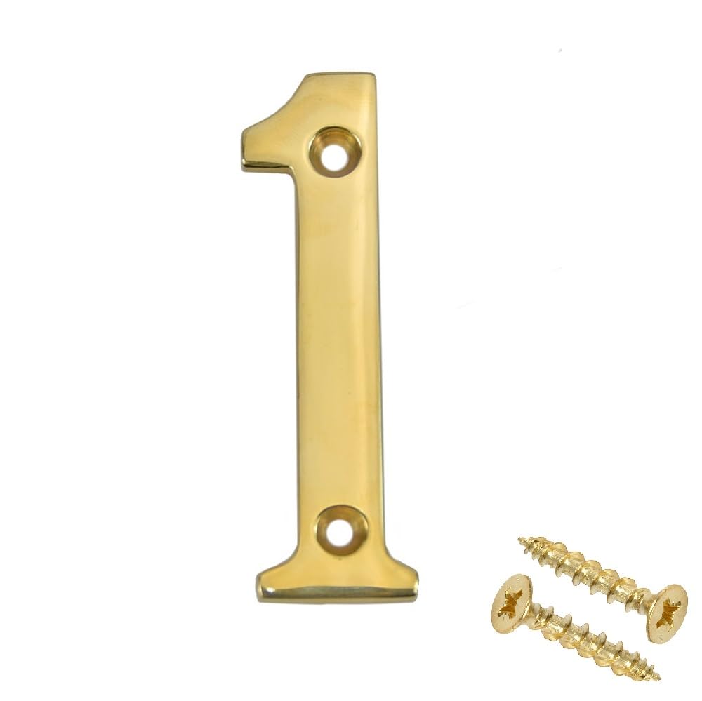 Merriway BH04227 Polished and Lacquered Solid Brass Screw-On House Flat Gate Post Numeral 75 mm (3 Inch) Number 1