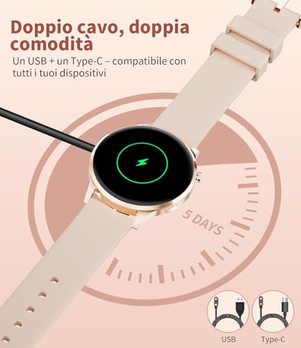 FV23-G Women's Smartwatch, AMOLED Display 1.32 Inches Ultra-Thin Bluetooth Calls, IP68 Waterproof, 116 Sport Modes, Monitoring of Cycle/Heart Rate and Sleep, 2 Straps and 2 Cables Included