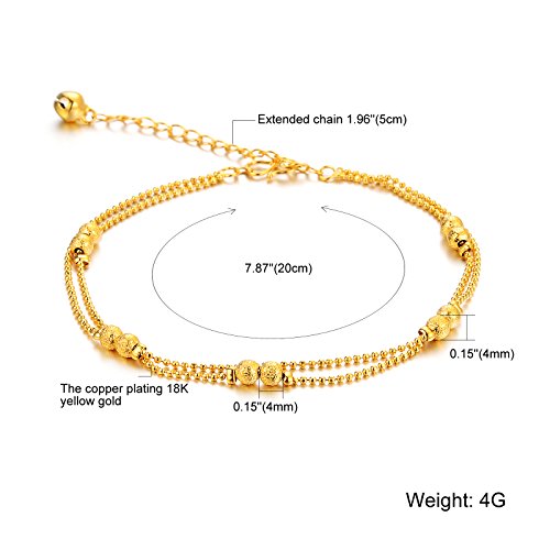 Women's Anklet Bracelet 18k Gold Plated Double Row Beads Grind Arenaceous Bead Pendants Foot Chain Adjustable L7.87"