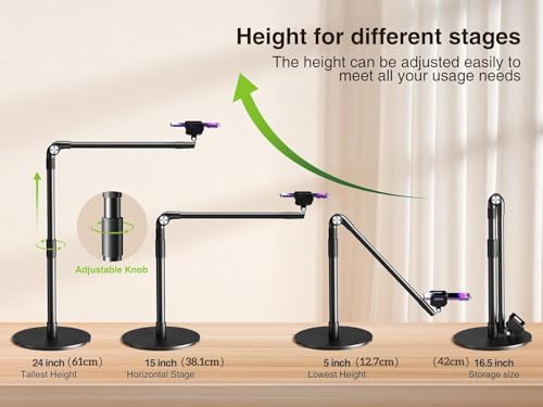 elitehood Overhead Phone Mount with Heavy Duty Base, Height Adjustable Phone Stand for Filming, 38cm Long Arm iPhone Holder for Video Recording, Overhead Tripod for iPhone 15 14 13, Android Cell Phone
