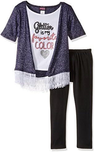 Kidz Concepts Little Girls' Sweater Knit Fringe Cardigan with Mocktank and Screen Print Legging Set