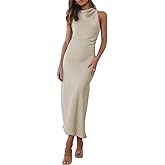 Halfisland Satin High Neck Backless Sleeveless Midi Dresses for Women Elegant Mock Neck High Waist Cross Back Cocktail Dress