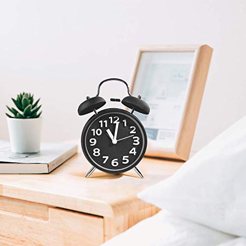Kimdio 4'' Twin Bell Vintage Alarm Clock with Backlight, Metal Frame Stereoscopic Dial, Battery Operated Travel Clock, Desk Table Clock for Kids, Home, Office etc. (Black) - Thumbnail 2