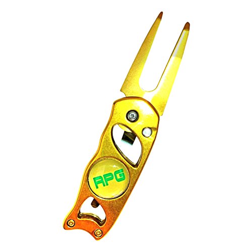 RPG Stainless Steel Switchblade Golf Divot Repair Tool with Ball Marker and Belt Clip--(GUNMETAL AND GOLD) Attach to golf belt, golf shirt, golf pants, golf shorts, or carry in pocket with golf tees