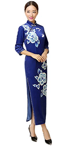 Toyobuy Woman 3/4 Sleeve Elastic Flower Zip Long Elegant Traditional Chinese Style Evening Dress Cheongsam