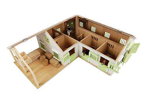 Kids Globe Farming Reiterhof rosa Bauernhof Pferdestall Holz 1:24 mit 3 Boxen, Spielzeug Pferdehof, mit praktischem Faltdach, für alle gängigen Tierfiguren 610210 – Bild 3