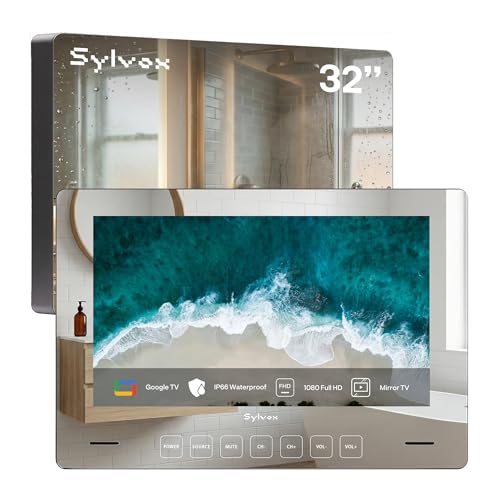 SYLVOX 32 Inch TV Mirror, Smart Google Television 1080P FHD Mirror Wall Mount Design Television IP66 Waterproof, DVB-C/T2/S2 | WiFi, Google Assistant, for Shower, Bathroom