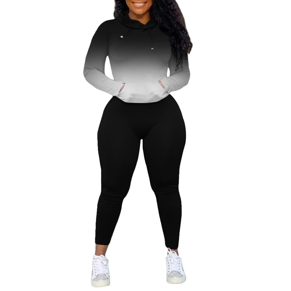 Photo 1 of Aomice Women Two Piece Outfits Sweatsuits Sets Bodycon Tracksuit Long Sleeve Jogger Hoodie Sweat pants Set Gradient Black XL