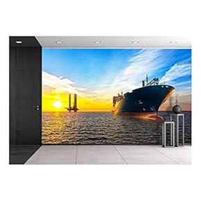 Tanker Ship and Oil Platform on Offshore Area at Sunset. - Removable Wall Mural | Self-Adhesive Large Wallpaper - 66x96 inches
