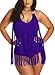 Pretty Padded One Piece Long Tassel Halter Swimsuit Monokinis, Purple, Asian XXL = US XL