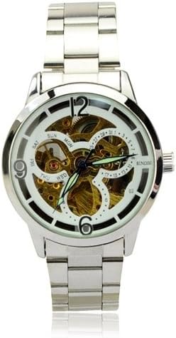 SINOBI Elegant Metal Band Big Scale Self-Winding Automatic Mechanical Wristwatch with Water Resistance and Stainless Steel Back-White and golden
