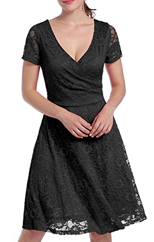 DmsBanga Women Causal Formal Cocktail Party Sexy Cross Deep V Neck Short Sleeve Pleated Lace A Line Slim Fit Dress