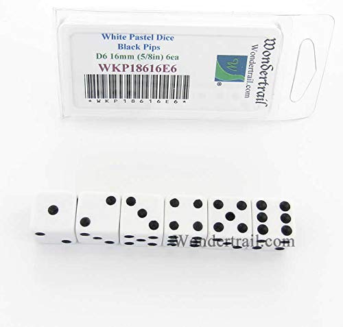 White Pastel Dice D6 with Black Pips 16mm (5/8in) Pack of 6 Wondertrail