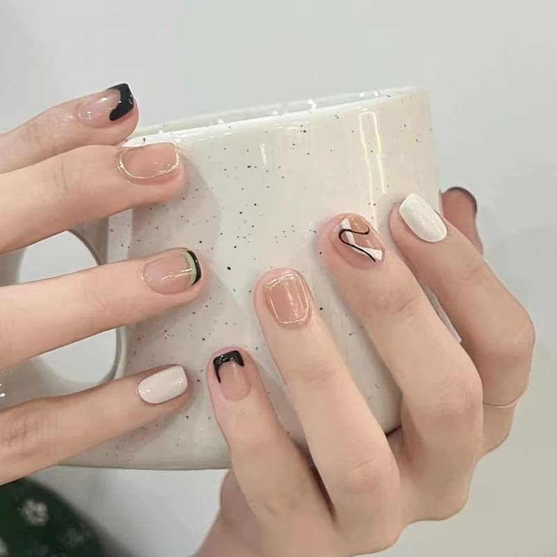 Photo 1 of 24PCS Full Cover Reusable False Nails Kits, Press on Nail Short Square Glue on Nails with Line Designs Artificial Glossy Fingernails Acrylic Fake Nails for Women Stick on Nails Coffin Shape