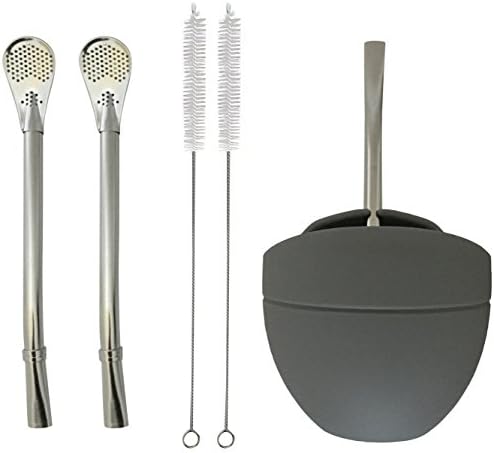 Mate Shoppe Silicone Gourd package and Stainless Steel Bombilla Great for Yerba Mate Loose Leaf Tea Ball Herbal Infusions BPA Free 2 Bonus Bombilla 2 Cleaning Brushes (Charcoal Grey)