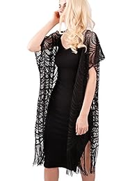 Cárdigan de crochet con encaje con abertura delantera con mangas kimono con flecos de moda para mujer