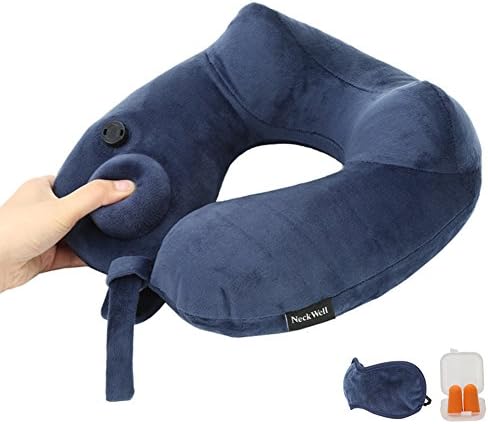 Inflatable Travel Pillow,NeckWell Travel Pillow Pump with Sleep Mask &amp; Ear Buds,Perfect for Airplane Car Office Camping - Blue