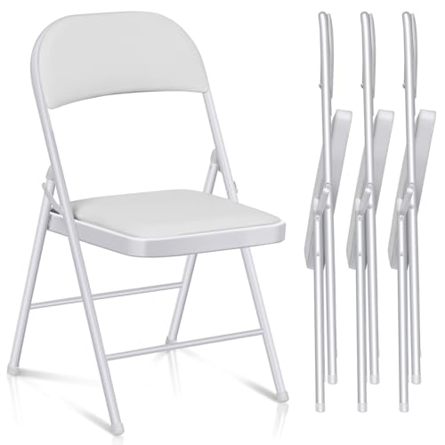 Absead Klappstuhl Mit Kissen - Gepolsterte Klappstühle 4Er-Set, Schwarze Klappstühle Aus Metall Mit Gepolsterten Sitzen Für Veranstaltungen, Büros, Hochzeitsfeiern, 150 Kg Tragkraft (Weiß, 4Er-Set)