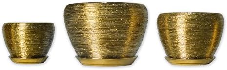 TransSino Treasures Ceramic Planters with Bottom Trays in Gold Set of 3