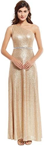 Tanpell Women's One Shoulder Sequins Beaded Long Evening Bridesmaid Dress Golden US10