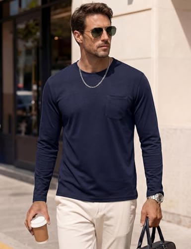 Cavva Men's Cotton Long Sleeve T-Shirt with Pockets Basic Crew Neck Long Sleeve Fall Tops
