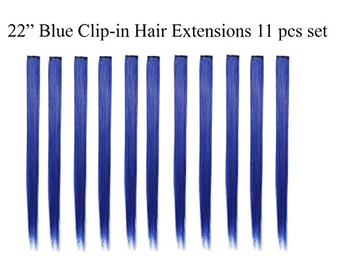 Beaute Galleria - 11 Pcs Set Single Color Highlights 22 Inches Straight Party Clip-In Synthetic Hair Extensions (Blue)