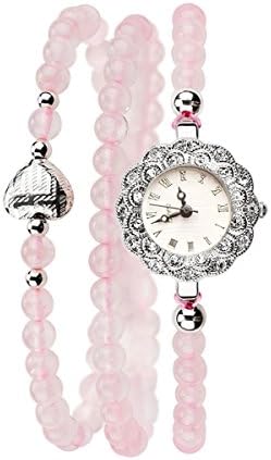 MODIWEN Crystal Beads Bracelet Women Watch Sweet Romantic Flower Bezel Time Mark Wrap Around Watch (pink)
