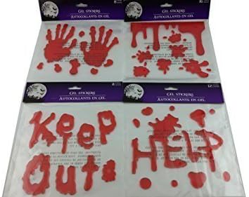 Bloody Splatter Hand Print, Help, Keep Out, Blood Spatter Gel Stickers Zombie Halloween, Haunted House Decorations 4 Piece Bundle