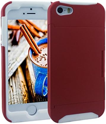 Iphone 5s Case, KYAL (TM) Dual Layer Hybrid High Impact Credit Card Holder Card Slot KickStand Case for Samsung iphone 5 / 5s - Bonus Stylus Pen + Screen Protector - Red on White